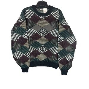 Vintage 90s Impact Leather Patch Geometric Multi-Color Sweater Grandpa Men's L